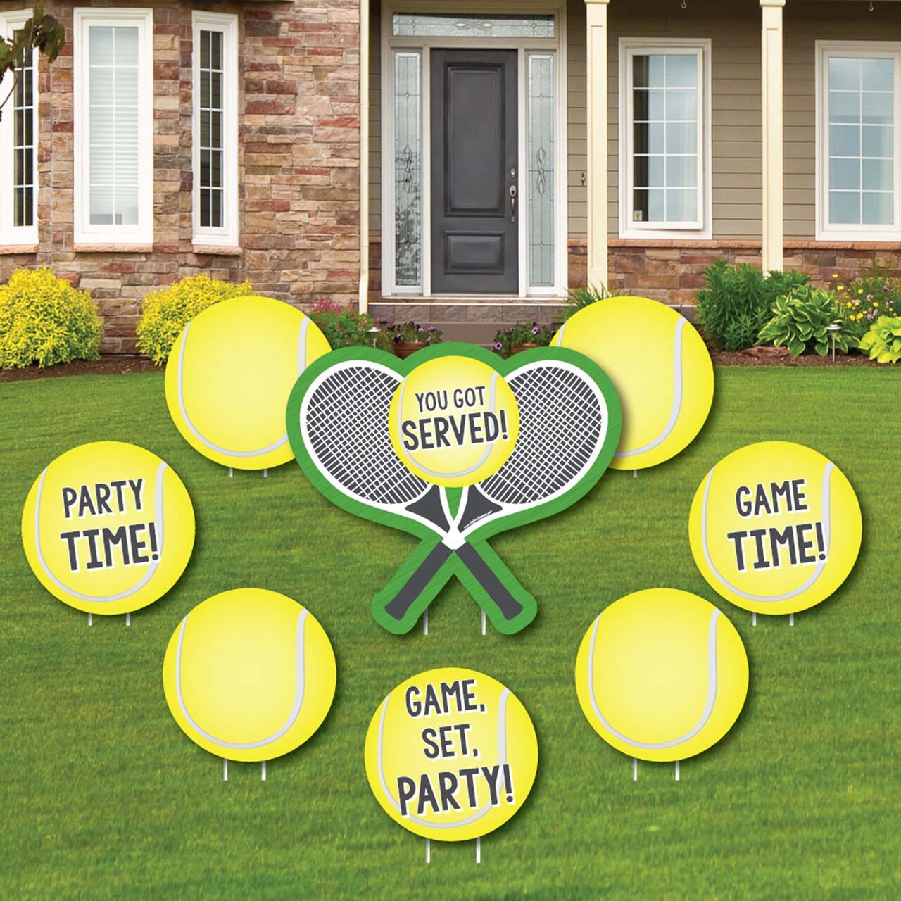 Big Dot of Happiness You Got Served - Tennis - Yard Sign & Outdoor Lawn Decorations - Baby Shower or Tennis Ball Birthday Party Yard Signs - Set of 8